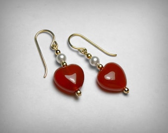 Carnelian Earrings, White Faux Pearl Earrings, Valentine's Day Gift, Dangle, Genuine Carnelian, Red Silver & 14K Gold Filled Earring