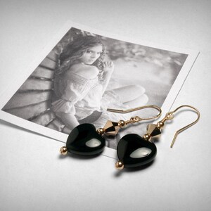 Rotgold Rotgold schwarz Onyx Ohrringe, Ohrringe, 14K Rose Gold gefüllt, schwarz Ohrring, schwarze Onyx schwarz Herz, Rose Tropfen-Ohrringe