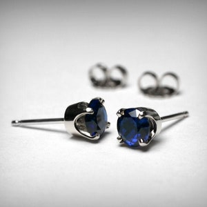 Sapphire Stud Earrings, 14K Gold, Created Sapphire Earring Studs, 14K White or Yellow Gold, Sapphire Jewelry, September Birthstone Earrings