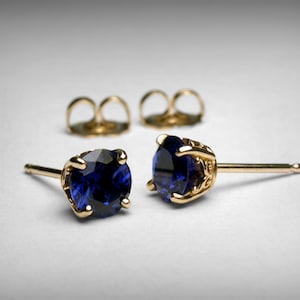 Sapphire Earrings, 14K Yellow White Rose Gold, Simulated Sapphire Stud Earrings, Sapphire Jewelry, September Birthstone Earrings, 14K Gold