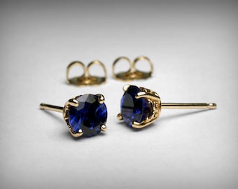 Sapphire Earrings, 14K Yellow White Rose Gold, Simulated Sapphire Stud Earrings, Sapphire Jewelry, September Birthstone Earrings, 14K Gold