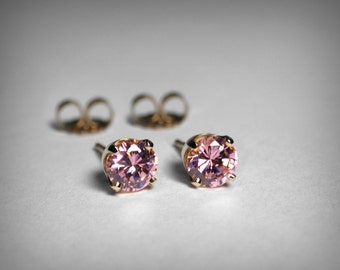 14K Pink Earrings, Pink Cubic Zirconia Earrings, October Birthstone Earrings, 14K Pink CZ Stud Earrings, October Birthday, Imitation Diamond