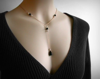 Y-Halskette, schwarze Onyx-Halskette, hochwertige Kunstperle, Lariat-Halskette, schwarz und weiß, goldene Y-Halskette, sexy Y-Lariat-Onyx-Silberhalskette