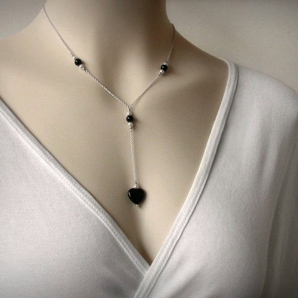 Black Onyx Y Necklace, Sterling Silver Y Necklace, Black and White, Faux Pearl, Long Lariat Necklace, Black Heart, Genuine Black Onyx
