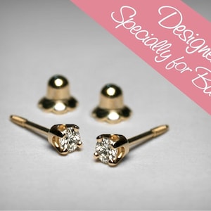 Diamond Earrings for Baby, Diamond Stud Baby Earrings, 14K Genuine Diamond Earrings, Threaded 14K Gold Baby Earring, Baby Gift, Baptism Gift image 1