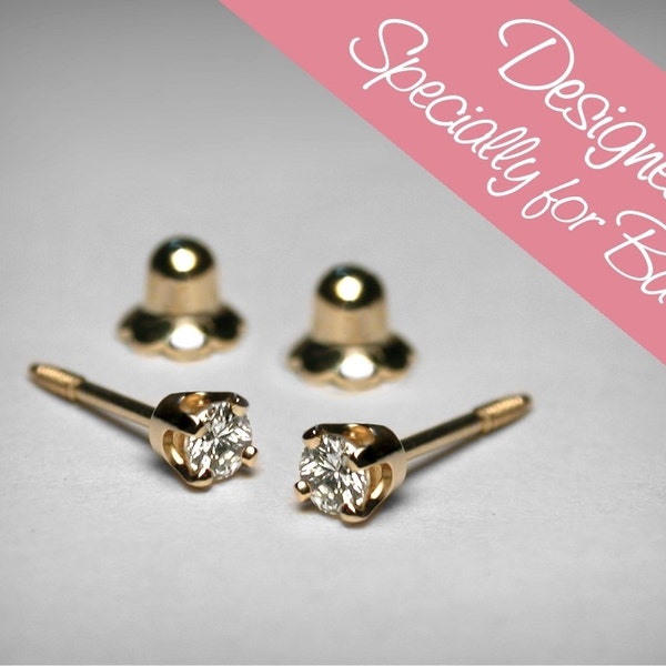 Diamond Earrings for Baby, Diamond Stud Baby Earrings, 14K Genuine Diamond Earrings, Threaded 14K Gold Baby Earring, Baby Gift, Baptism Gift