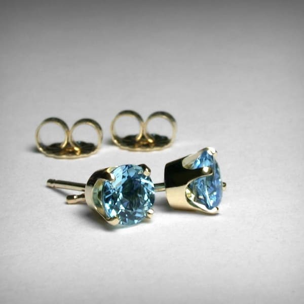Blue Topaz Earrings Studs, 14K Yellow or White Gold. AAA, Genuine Swiss Blue Topaz, Birthday Gift for her, March Birthstone Stud Earrings