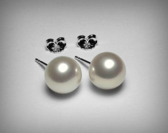 Freshwater Pearl Earrings *LARGE*, AAA, Sterling Silver Pearl Stud Earrings, Genuine Natural Cultured Freshwater 11mm Button Pearl Earring