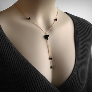 Y Necklace, Black Y Necklace, Lariat Necklace, Genuine Black Onyx, 14K Yellow Gold Filled, Y Lariat, Goth, Black Heart Necklace Pendant
