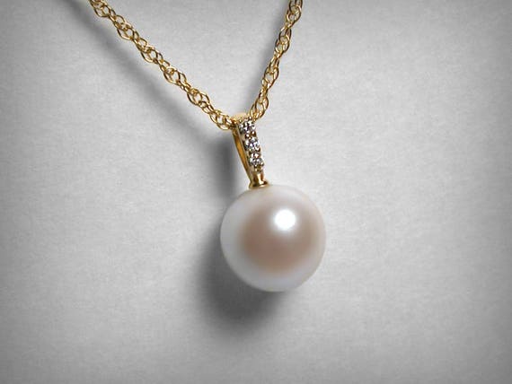 Diamond Pearl Necklace, 14K Pearl Necklace, Genuine Freshwater