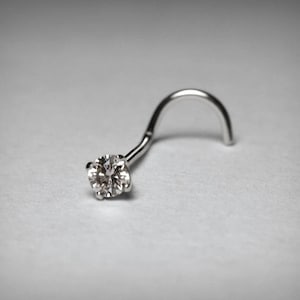 Diamond Nose Stud, Solid 14K White Gold, Genuine & Natural Diamond, 2.2mm Diameter, Weighing .04 Carats, Nose Pin Ring With a Twist Curl
