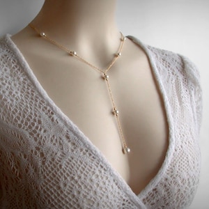 Y Necklace, Pearl Y Necklace, Lariat Necklace, Faux Pearls, 14K Yellow ...