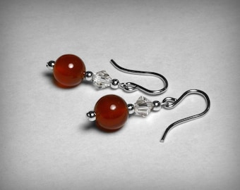 Carnelian  Earrings with Clear Crystal, in Sterling Silver, Genuine Carnelian Dangle Earrings, Red Earrings, Red Crystal Earrings,