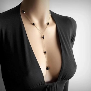 Black Onyx Y Necklace and Earring Set, Lariat Necklace, Genuine Stone, 14K Yellow Gold Filled, Long Lariat Y Pendant, Gift for Her