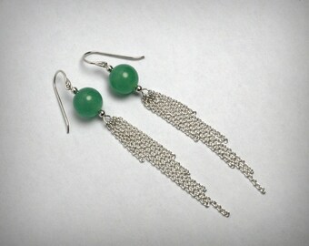 Green Tassel Earrings, Genuine Aventurine Green Earrings, Sterling Silver Earrings, St. Patrick's Day, Long Dangle Earrings, Silver Tassel