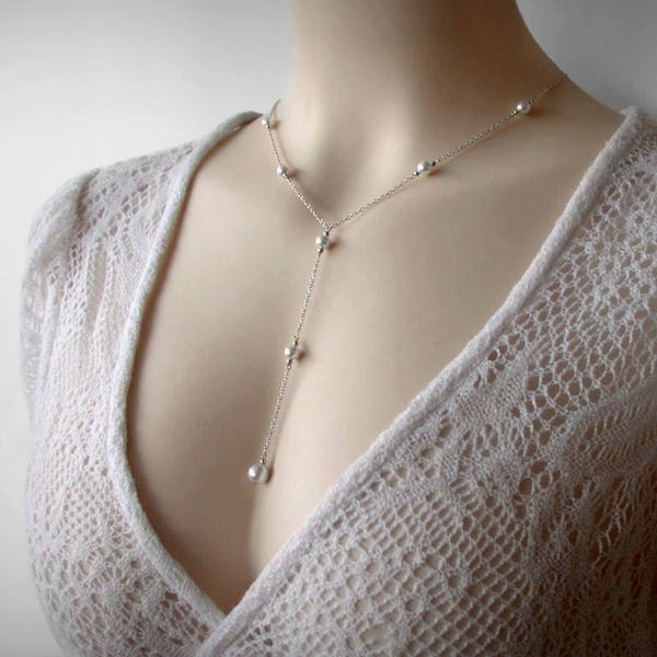 Y Necklace, Pearl Y Necklace, Lariat Necklace, Quality Faux Pearls, Solid Sterling Silver, Y Lariat, Long Pearl Necklace Pendant, Bridal