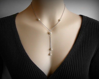 Y Necklace, Pearl Y Necklace, Silver Y Necklace, Lariat Necklace, Pearl Pendant, Sterling Silver, Y, Silver Lariat, Sexy Necklace Pendant