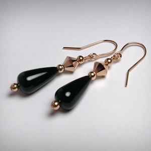 Rose Gold Earrings, Black Onyx Earrings, Pink Gold, 14K Rose Gold Filled, Black Earrings,  Black Onyx, Teardrop, Rose Drop Dangle Earrings