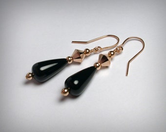 Rose Gold Earrings, Black Onyx Earrings, Pink Gold, 14K Rose Gold Filled, Black Earrings,  Black Onyx, Teardrop, Rose Drop Dangle Earrings