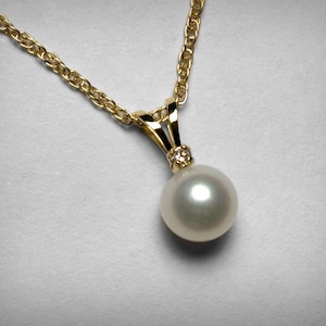 Diamant Perlenkette, 14K Perlenkette, echter Süsswasserperlen Anhänger, Solitär Diamant, 14K Gelbgold, Brautschmuck