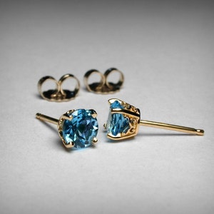 Blue Topaz Earrings, 14K Yellow Gold, Blue Stud Earrings, Genuine Swiss Blue Topaz, 14K Earring Studs, March Birthstone, Birthday Gift