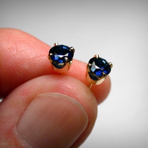 Sapphire Stud Earrings, 14K Gold, Created Sapphire Earring Studs, 14K White or Yellow Gold, Sapphire Jewelry, September Birthstone Earrings image 2