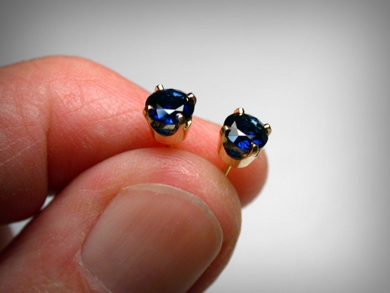 Sapphire Stud Earrings, 14K Gold, Created Sapphire Earring Studs, 14K White or Yellow Gold, Sapphire Jewelry, September Birthstone Earrings image 2