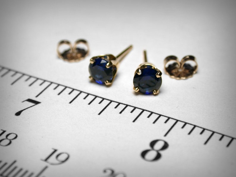 Sapphire Stud Earrings, 14K Gold, Created Sapphire Earring Studs, 14K White or Yellow Gold, Sapphire Jewelry, September Birthstone Earrings image 3