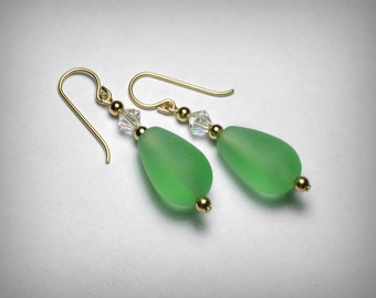 Green Sea Glass Earrings, Green Earring, Green, Clear Crystal Earrings, Peridot Green Dangle, Green Drop, 14K Yellow Gold Filled Earrings