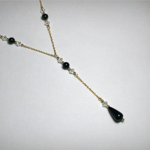 Lariat Necklace or Y Necklace in 14K Yellow Gold Filled,  Black Onyx Necklace,  Swarovksi Crystal Pendant, Y, Black Necklace, Lariat Pendant