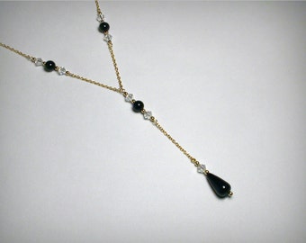Lariat Necklace or Y Necklace in 14K Yellow Gold Filled,  Black Onyx Necklace,  Swarovksi Crystal Pendant, Y, Black Necklace, Lariat Pendant