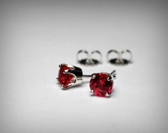 Simulated Ruby Earrings, 14K, Imitation Ruby Earrings, Ruby Stud Earrings, 14K White Gold or Yellow Gold, July Birthstone Birthday Earrings