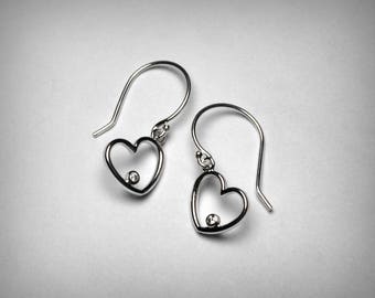 Diamond Earrings, Heart Earrings, Genuine Diamond, Sterling Silver, Dangle Diamond Earrings, Silver Heart Drop Earrings, Valentine's Day