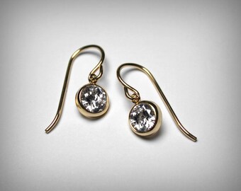 CZ Earrings, 14K Yellow Gold Filled, CZ dangle Earrings, Imitation Diamond Earrings, Bezel Set Cubic Zirconia, Bridesmaid Gift Drop Earrings