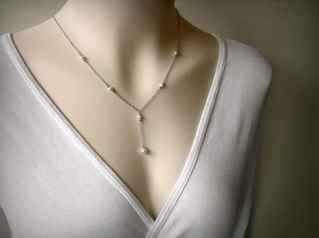Pearl Y Necklace, Pearl Lariat Necklace, Bridal Necklace, Sterling ...