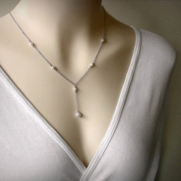 Pearl Y Necklace, Pearl Lariat Necklace, Bridal Necklace, Sterling Silver, Bridal Jewelry, Wedding Jewelry, Pearl Pendant, Silver Y Necklace