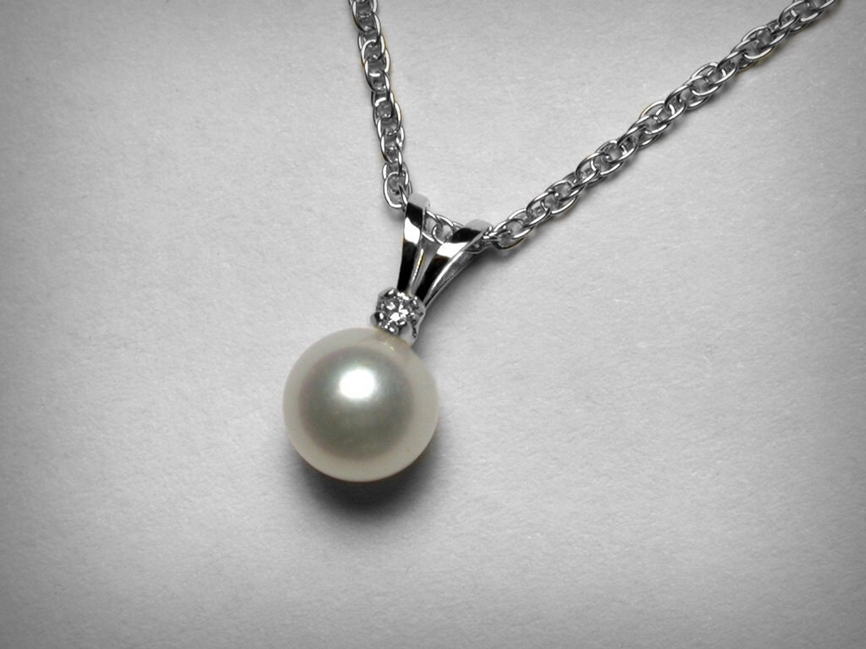 14K Pearl & Diamond Necklace, 14K Gold Pearl Pendant, Genuine Freshwater Pearl, Solitaire Diamond, 14K White Gold, Bridal Wedding Jewelry