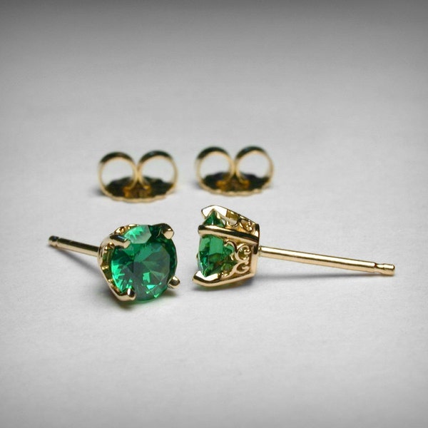 Simulated Emerald Earrings, 14K Yellow Gold, Green CZ Earrings, Green Imitation Emerald Stud Earrings, May Birthstone Vintage Style Earring