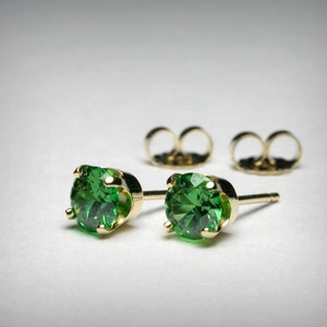 Simulated Emerald Earrings, 14K Gold, Green CZ Earrings, Green Imitation Emerald Stud Earrings, 14K Yellow Gold White Gold,  May Birthstone