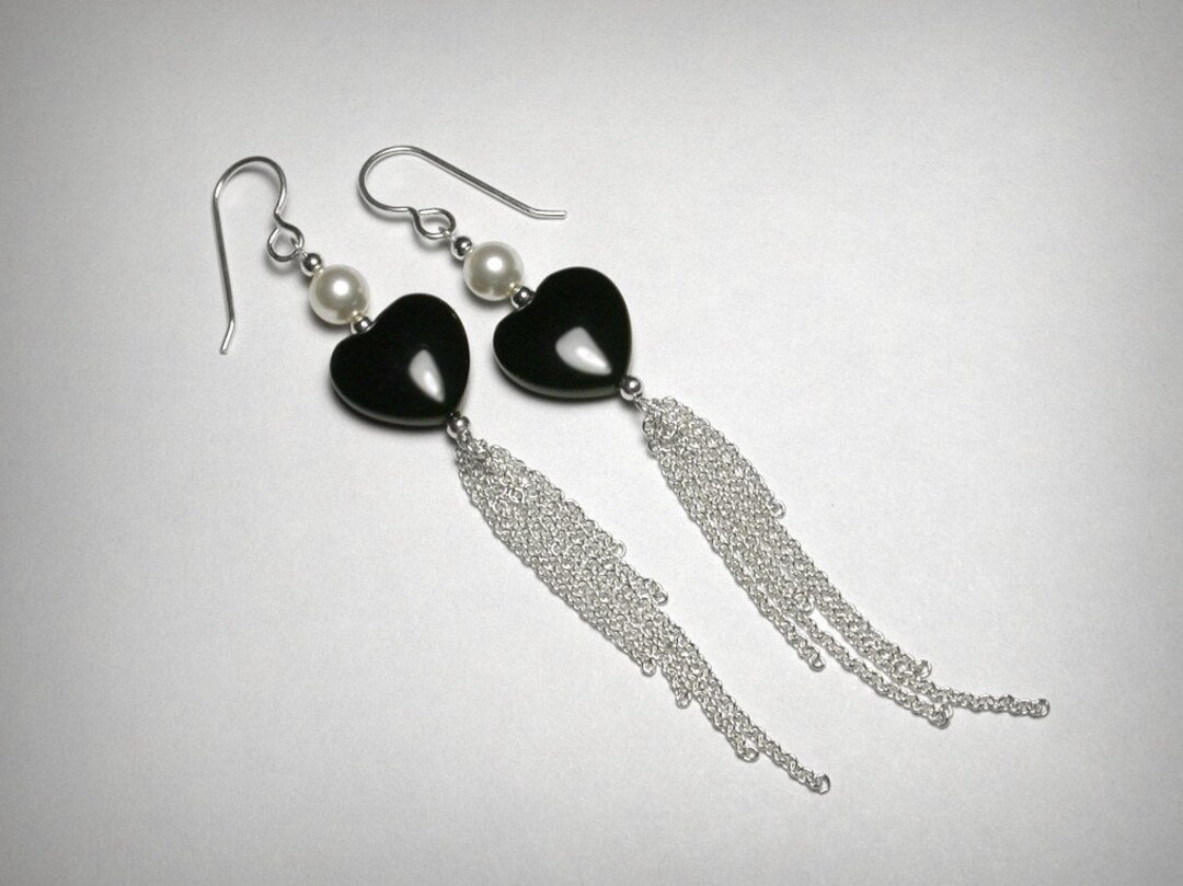Black Onyx Earrings, Tassel Earrings, Pearl Earrings, Long Tassel ...