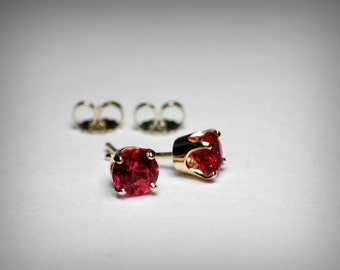 Simulated Ruby Earrings, 14K, Imitation Ruby Earrings, Ruby Stud Earrings, 14K White or Yellow Gold, Red Earrings, July Birthstone Birthday