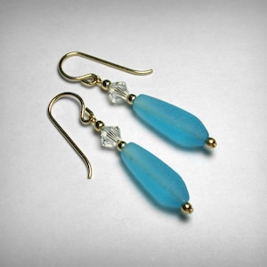 Blue Sea Glass Earrings, Blue Earrings, Blue Crystal Earrings, Blue Drop Blue Dangle, 14K Yellow Gold Filled Necklace Earrings Set