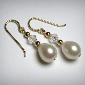 Genuine Freshwater Pearl Earrings, Dangle Drop 14K Yellow Gold Filled Pearl Earrings, Clear Crystal Earrings, Bridal Wedding Jewelry