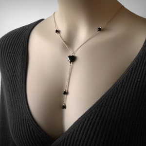 Y Necklace, Black Y Necklace, Lariat Necklace, Genuine Black Onyx, Sterling Silver, Y Lariat, Goth, Sexy Black Heart Silver Necklace Pendant