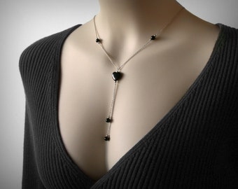 Y Necklace, Black Y Necklace, Lariat Necklace, Genuine Black Onyx, Sterling Silver, Y Lariat, Goth, Sexy Black Heart Silver Necklace Pendant