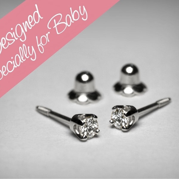 Diamond Earrings for Baby, Diamond Stud Baby Earrings, 14K Genuine Diamond Earrings, Threaded 14K Gold Baby Earring, Baby Gift, Baptism Gift