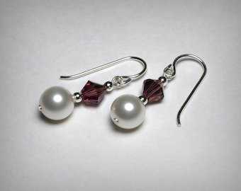 Pearl Earrings, Amethyst Color Earring, Bridal Wedding Jewelry, Sterling Silver, Purple Earring, February Birthstone, Bridesmaid Jewelry