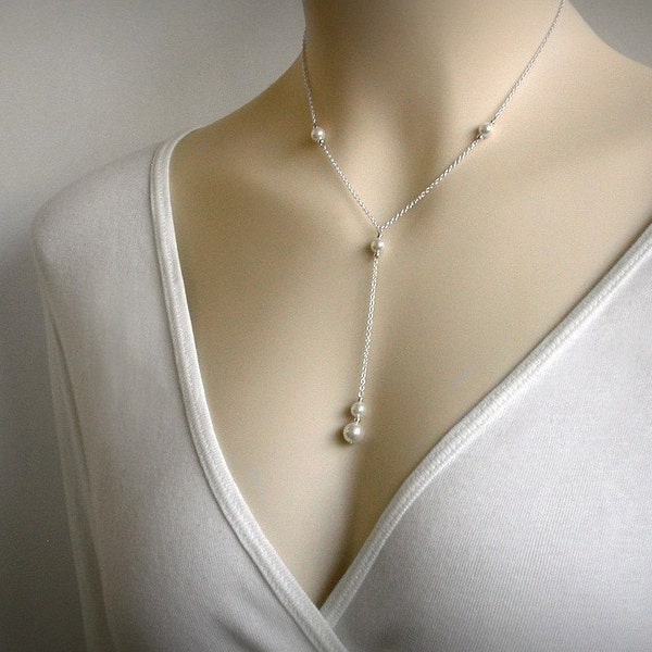 Y Necklace, Pearl Necklace, Pearl Y Necklace, Lariat Necklace, Pearl Pendant, Silver Pearl Necklace, Silver Necklace, Y, Pendant, Jewelry