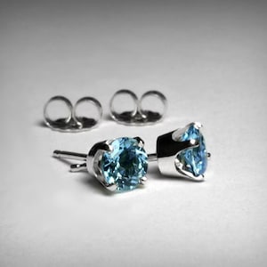 14K Genuine Swiss Blue Topaz Stud Earrings, Solid Gold, Natural AAA Gemstones, White or Yellow Gold, December March Birthstone Birthday