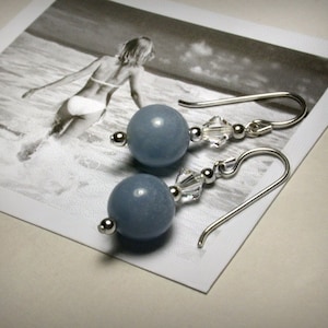 Baby Blue Earrings, Angelite Earrings, Sterling Silver, Blue Dangle, Crystal Beads, Nautical, Resort, Genuine Angelite, Silver Earrings